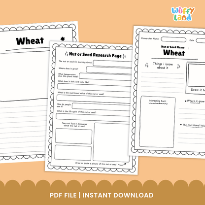 Wheat Nut and Seed Research Page Worksheets and Fact Sheet