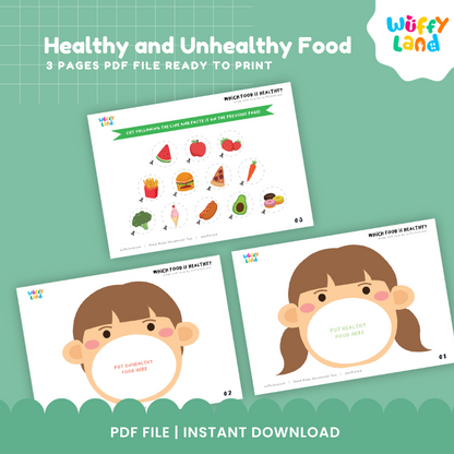 Printable character feeding mat showing a cute girl face with an open mouth area for pasting healthy food cutouts 👧🍉
