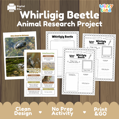 Digital file preview for a 'Whirligig Beetle Animal Research Project' activity sheet set, shown on a wood-grain background with product title text, sample worksheet pages, and feature callouts.