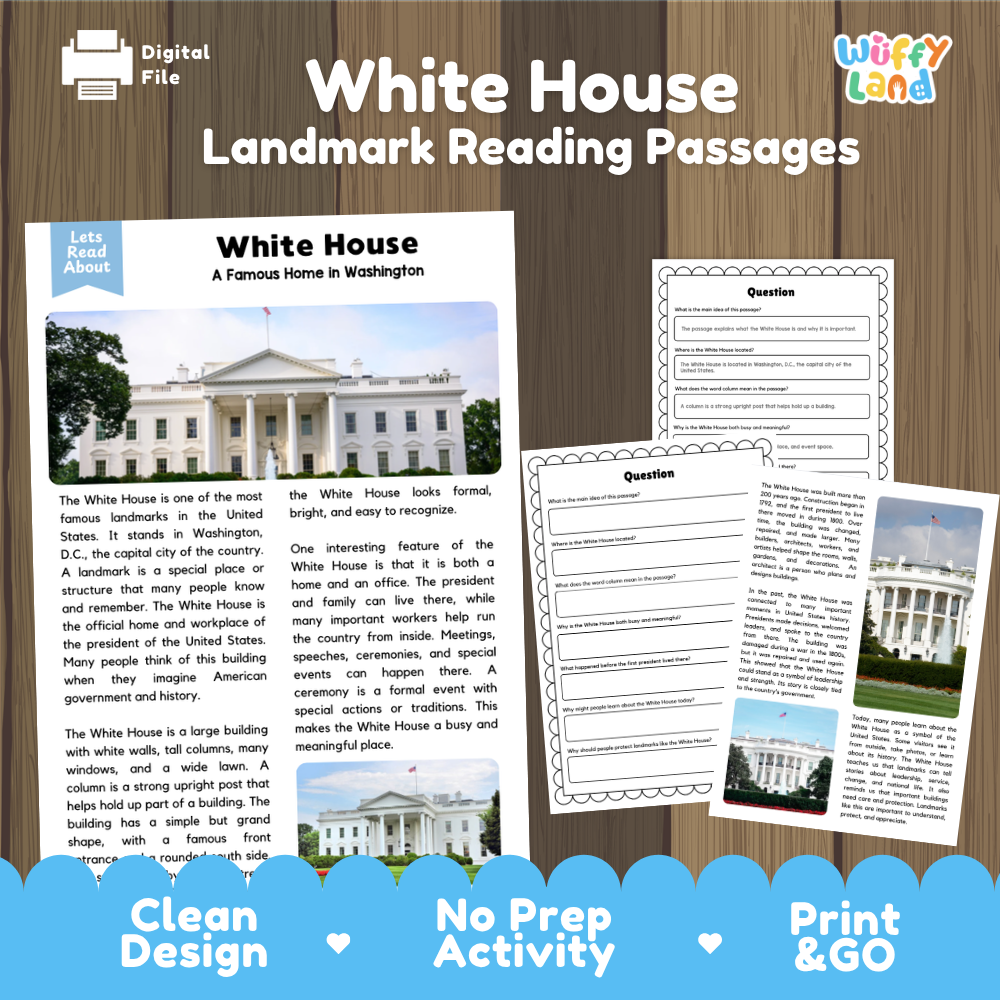 White House Landmark Reading Passages and Comprehension Questions Worksheets