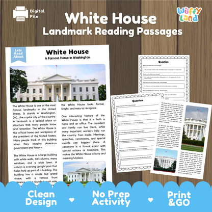 White House Landmark Reading Passages and Comprehension Questions Worksheets
