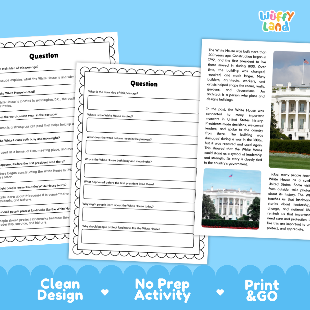 White House Landmark Reading Passages and Comprehension Questions Worksheets