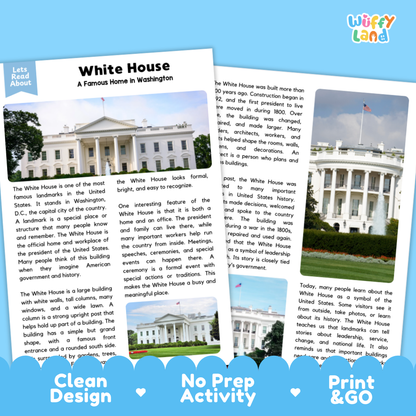 White House Landmark Reading Passages and Comprehension Questions Worksheets