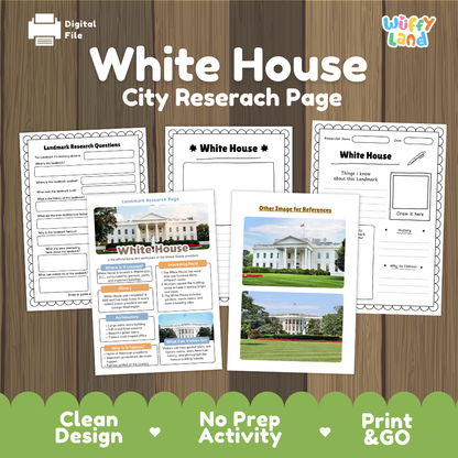 Digital file preview of a White House City Research Page activity sheet set, displayed on a brown wood background with a green banner at the bottom. The sheets show white house photos, research question prompts, and informational panels.