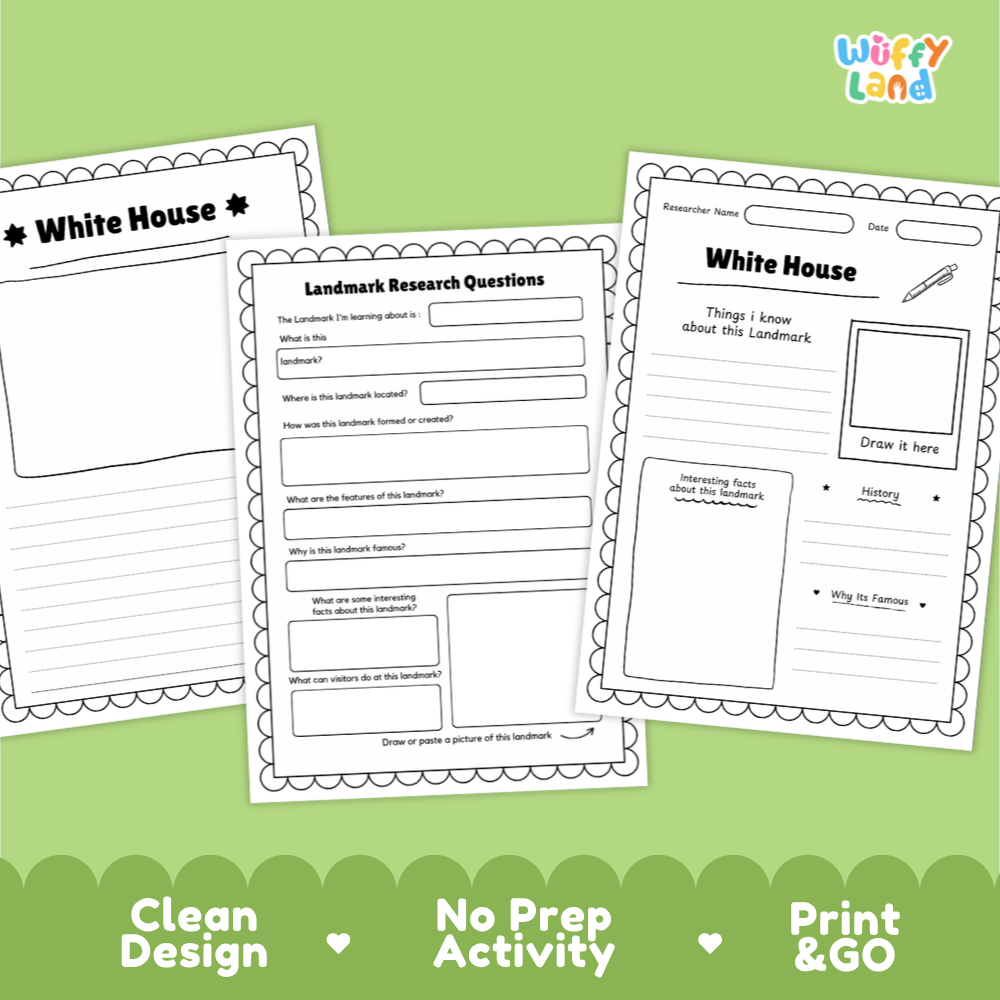 White House Landmark Research Page Worksheets and Fact Sheet Activity