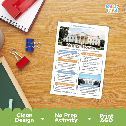 White House Landmark Research Page Worksheets and Fact Sheet Activity