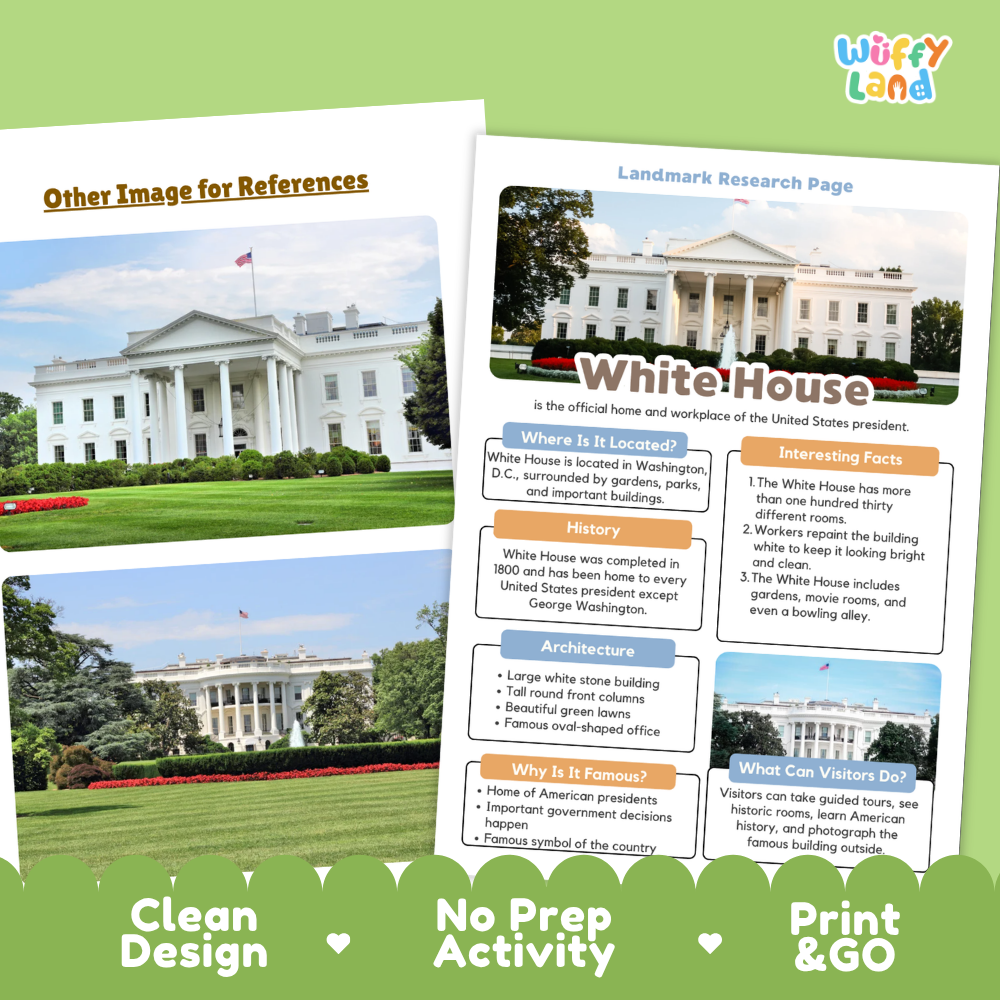 An educational activity sheet about the White House, featuring a large photo of the building, informational text panels, and a colorful green footer with the text 'Clean Design', 'No Prep Activity', and 'Print & GO'. The sheet is shown overlapping on a white background with a subtle shadow.