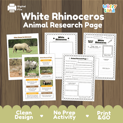 Digital preview of a White Rhinoceros Animal Research Page activity sheet set on a wood background, showing the title, sample pages, and marketing text 'Clean Design', 'No Prep Activity', and 'Print & GO'.