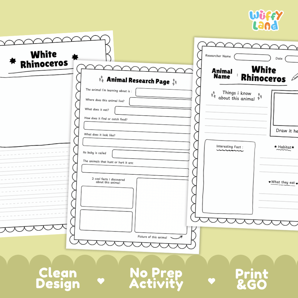 White Rhinoceros Animal Research Page Graphic Organizers and Worksheets