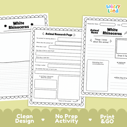 White Rhinoceros Animal Research Page Graphic Organizers and Worksheets