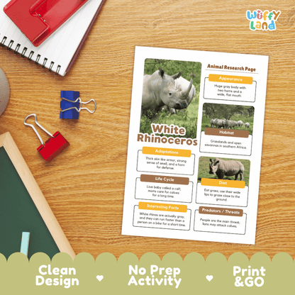 White Rhinoceros Animal Research Page Graphic Organizers and Worksheets