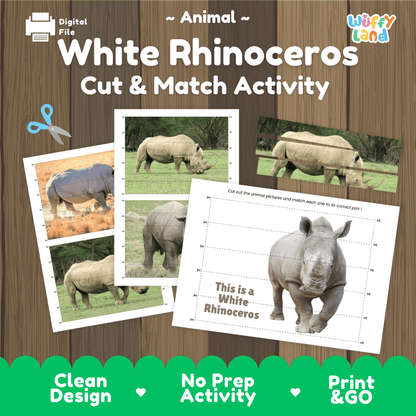 White Rhinoceros Cut and Match Activity Worksheets | Safari Animal Puzzle Printables