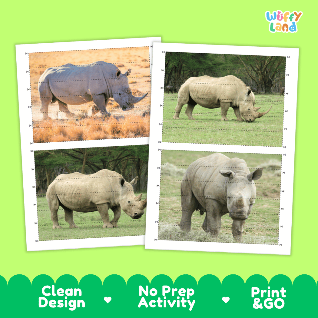 White Rhinoceros Cut and Match Activity Worksheets | Safari Animal Puzzle Printables