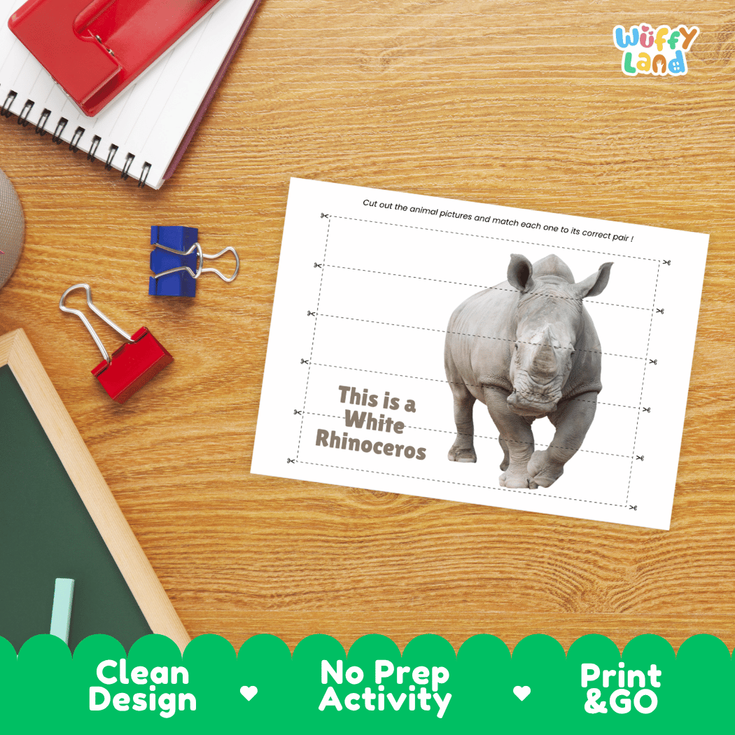 White Rhinoceros Cut and Match Activity Worksheets | Safari Animal Puzzle Printables