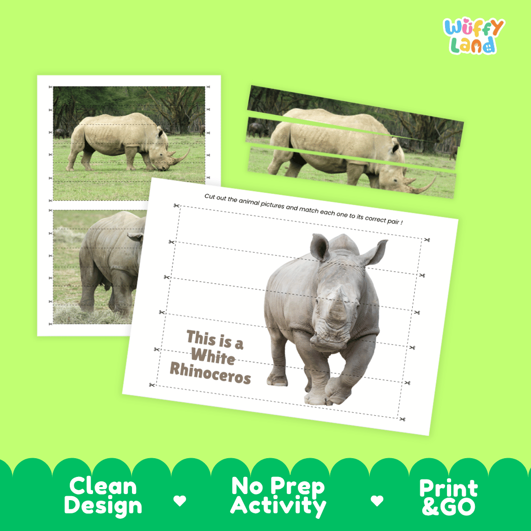 White Rhinoceros Cut and Match Activity Worksheets | Safari Animal Puzzle Printables