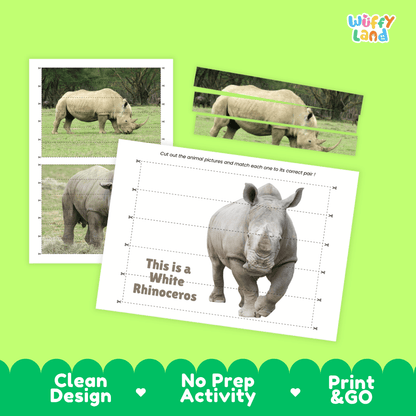 White Rhinoceros Cut and Match Activity Worksheets | Safari Animal Puzzle Printables