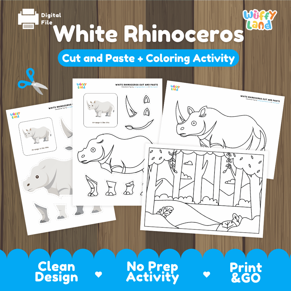 White Rhinoceros Cut and Paste Craft and Coloring Pages Activity Worksheets