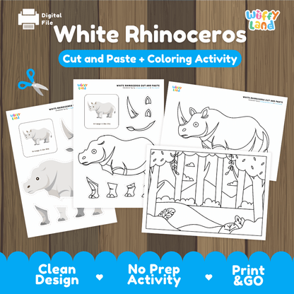 White Rhinoceros Cut and Paste Craft and Coloring Pages Activity Worksheets