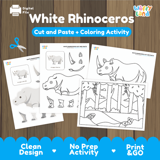 White Rhinoceros Cut and Paste Craft and Coloring Pages Activity Worksheets