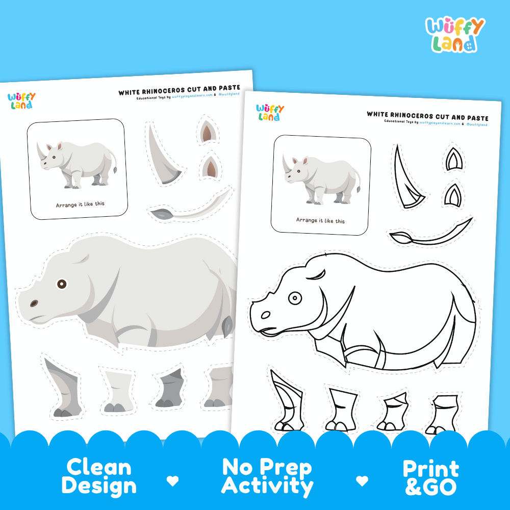 White Rhinoceros Cut and Paste Craft and Coloring Pages Activity Worksheets