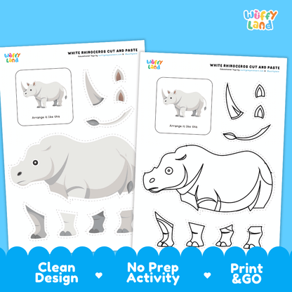 White Rhinoceros Cut and Paste Craft and Coloring Pages Activity Worksheets