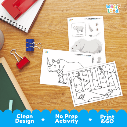 White Rhinoceros Cut and Paste Craft and Coloring Pages Activity Worksheets