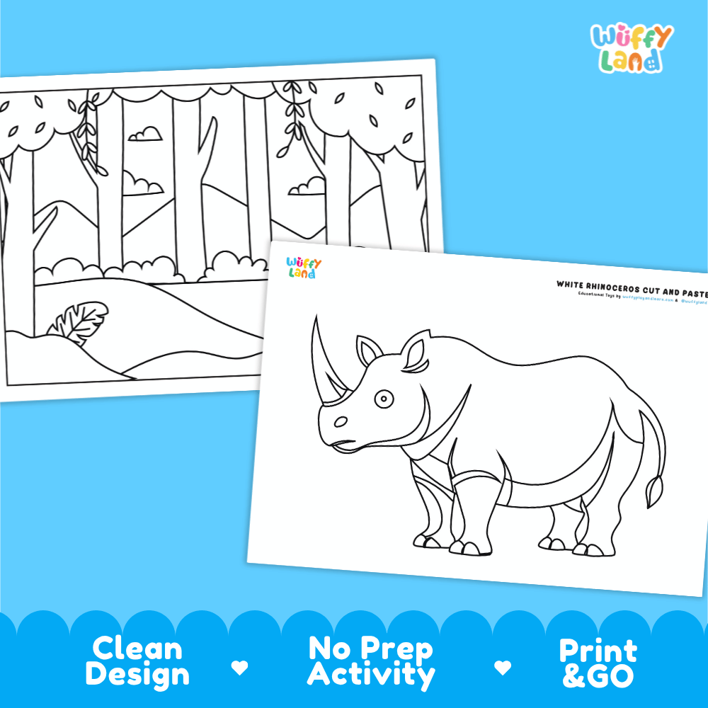 White Rhinoceros Cut and Paste Craft and Coloring Pages Activity Worksheets