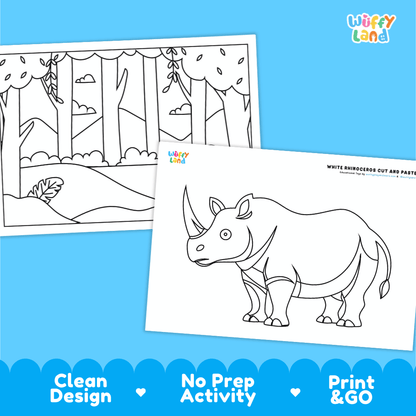 White Rhinoceros Cut and Paste Craft and Coloring Pages Activity Worksheets