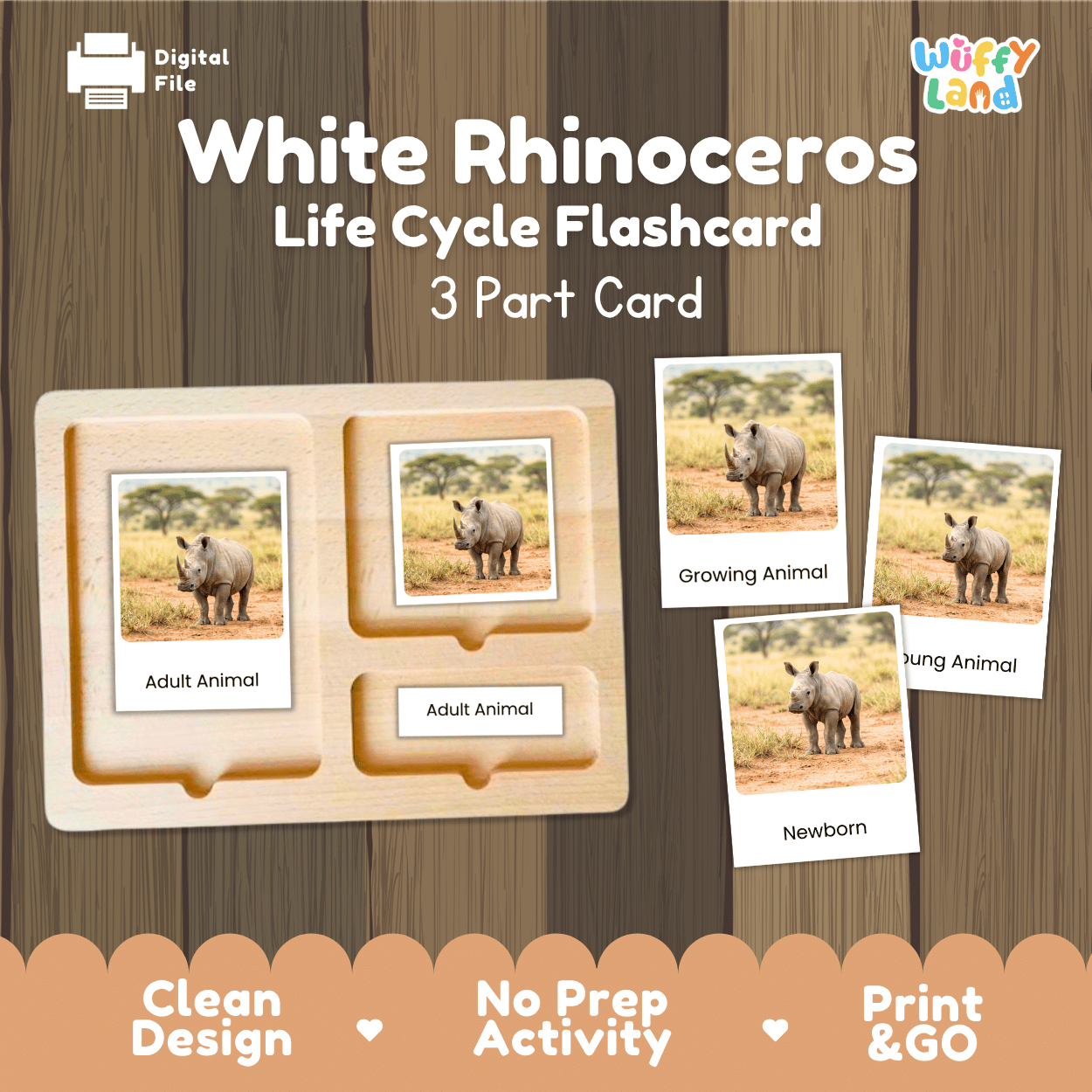 White Rhinoceros Life Cycle Flashcard set by Wiffy Land, featuring a wooden 3-part card tray and sample flashcards showing rhino photos labeled Adult Animal, Growing Animal, and Newborn on a wood-textured background.