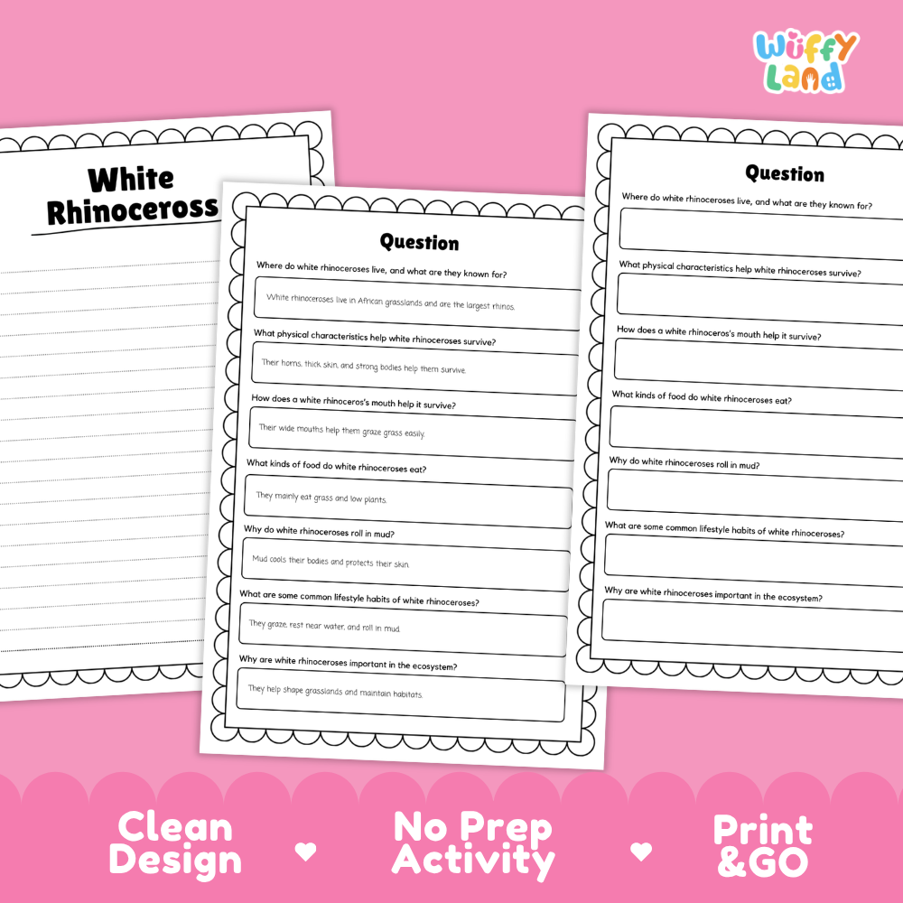 White Rhinoceros Reading Passage and Comprehension Questions Worksheets