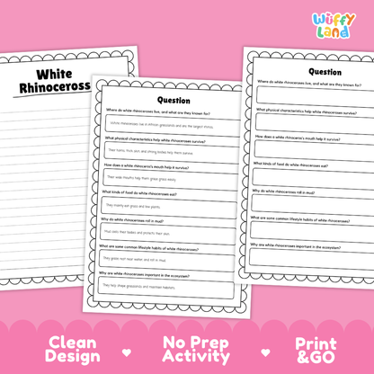 White Rhinoceros Reading Passage and Comprehension Questions Worksheets
