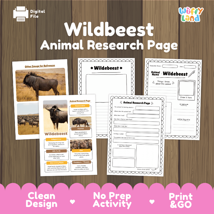 Digital preview of a printable 'Wildbeest Animal Research Page' set by Wiffy Land, displayed on a wood-grain background with pink promotional banners at the bottom highlighting key features.