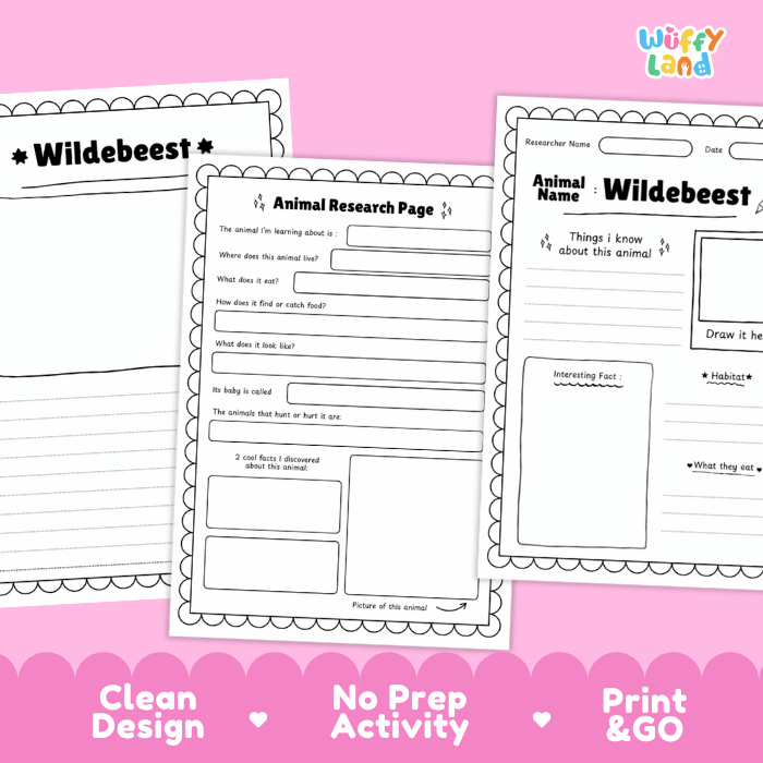 Three printable worksheet pages for an animal research activity themed around the wildebeest, displayed on a pink background with promotional text at the bottom.