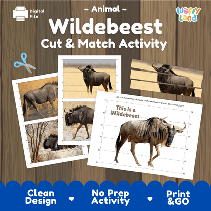 Wildebeest Cut and Match Activity Worksheets | Safari Animal Puzzle Printables