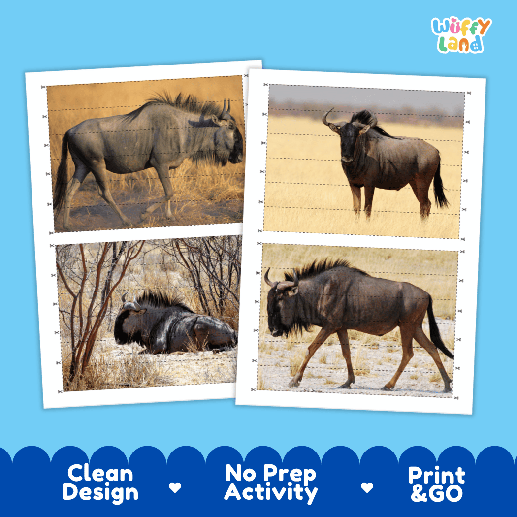 Wildebeest Cut and Match Activity Worksheets | Safari Animal Puzzle Printables