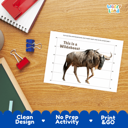 Wildebeest Cut and Match Activity Worksheets | Safari Animal Puzzle Printables