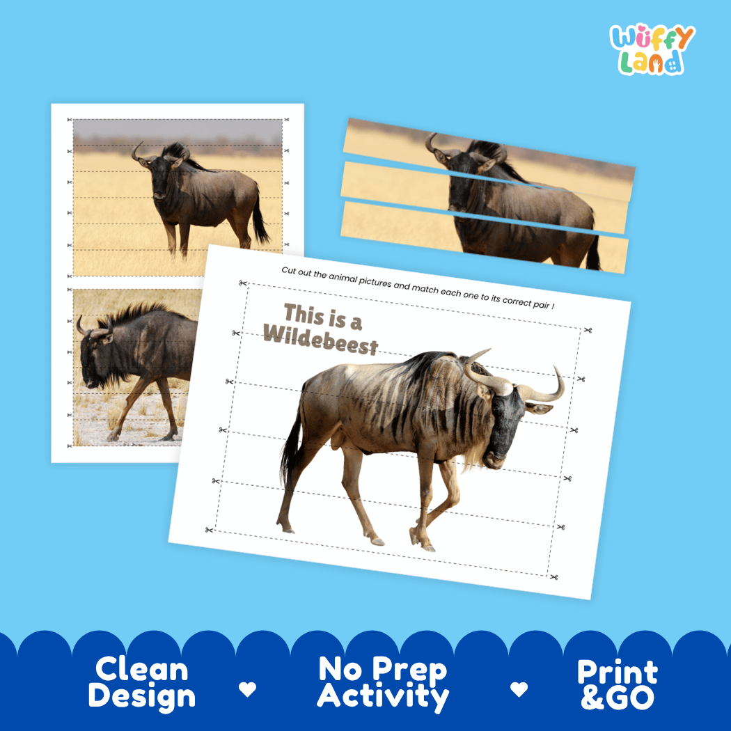 Wildebeest Cut and Match Activity Worksheets | Safari Animal Puzzle Printables