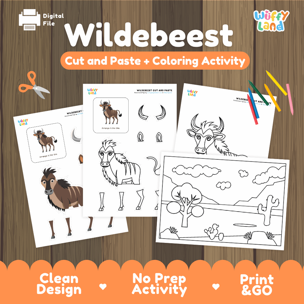 Wildebeest Cut and Paste Craft and Coloring Pages Activity Worksheets