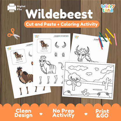 Wildebeest Cut and Paste Craft and Coloring Pages Activity Worksheets
