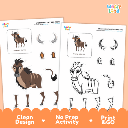 Wildebeest Cut and Paste Craft and Coloring Pages Activity Worksheets