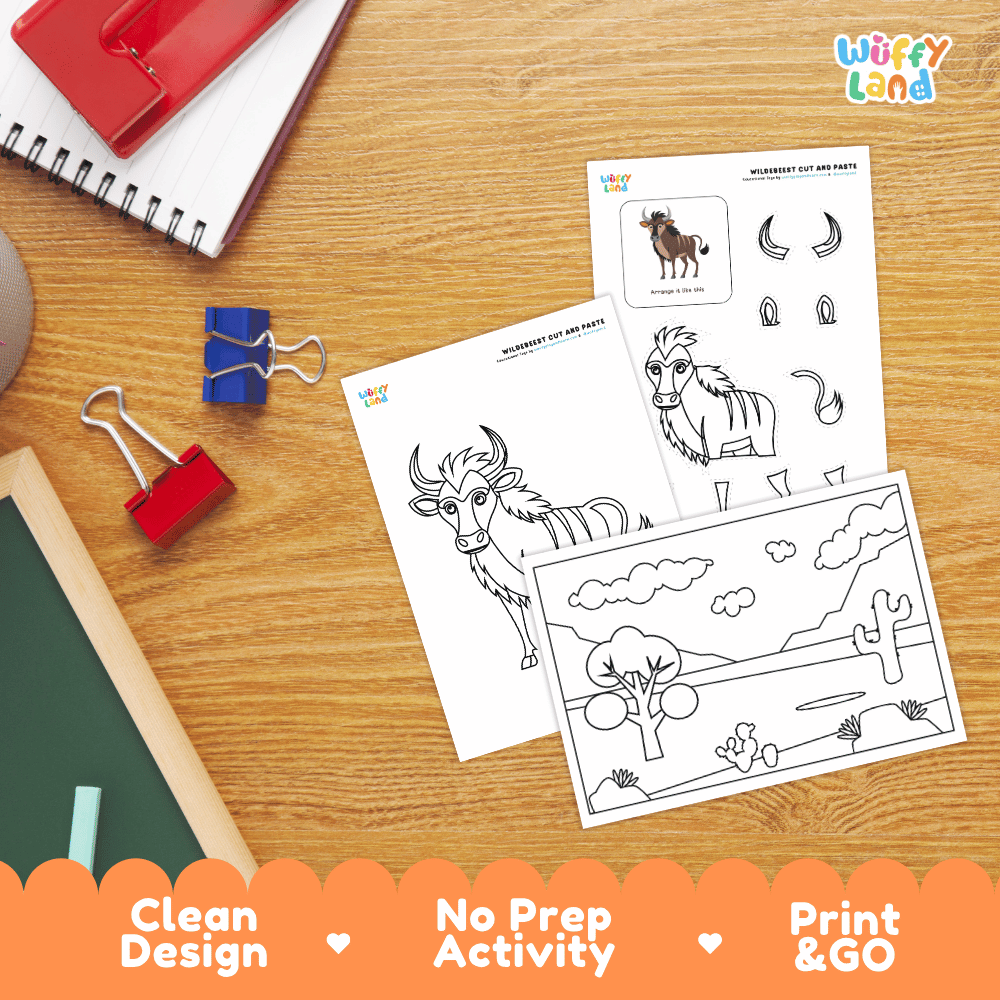 Wildebeest Cut and Paste Craft and Coloring Pages Activity Worksheets