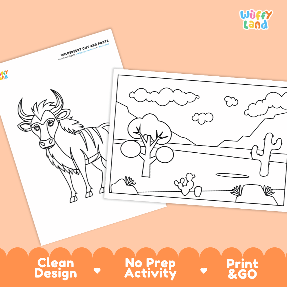 Wildebeest Cut and Paste Craft and Coloring Pages Activity Worksheets