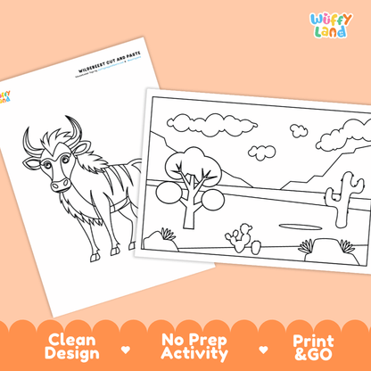 Wildebeest Cut and Paste Craft and Coloring Pages Activity Worksheets