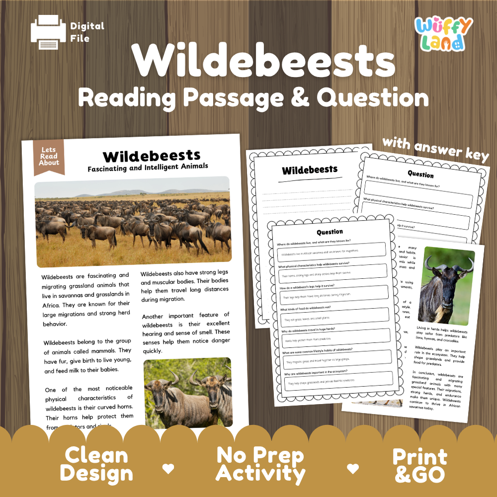 Wildebeests Reading Passage and Comprehension Questions Worksheets