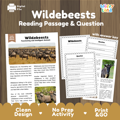 Wildebeests Reading Passage and Comprehension Questions Worksheets