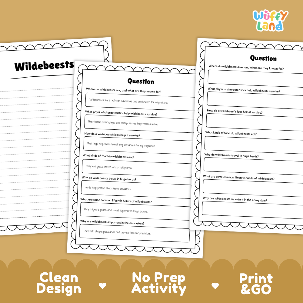 Three printable worksheet pages about wildbeests on a tan background, with the title 'Wildebeests' on the left page and two question-based activity pages on the right. The pages are white with black text and scalloped borders.