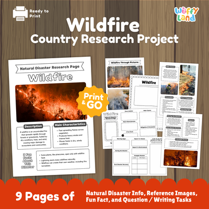 Printable wildfire research project pages featuring an illustrated cover with a forest fire photo, student worksheets, cause and effect sections, prevention tips, and example disaster pages arranged together