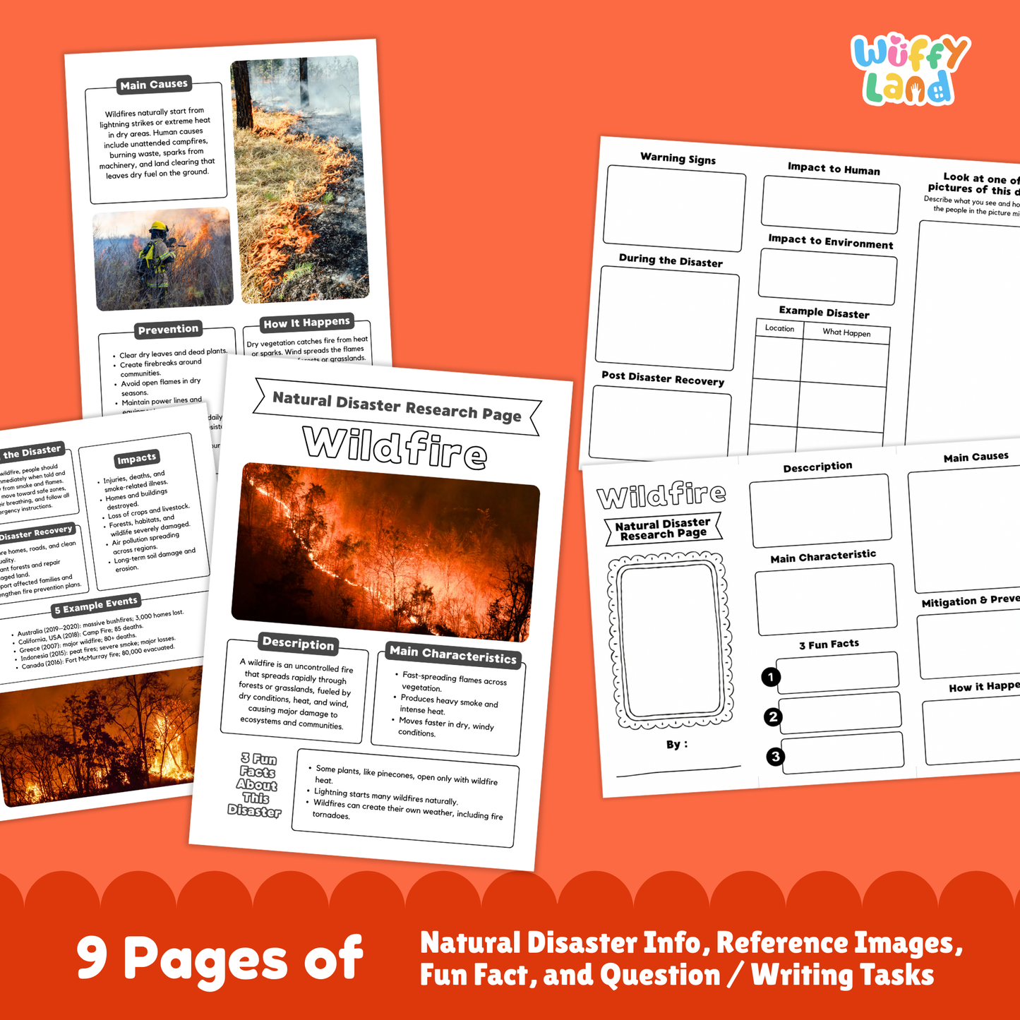 Printable wildfire research project pages featuring an illustrated cover with a forest fire photo, student worksheets, cause and effect sections, prevention tips, and example disaster pages arranged together.