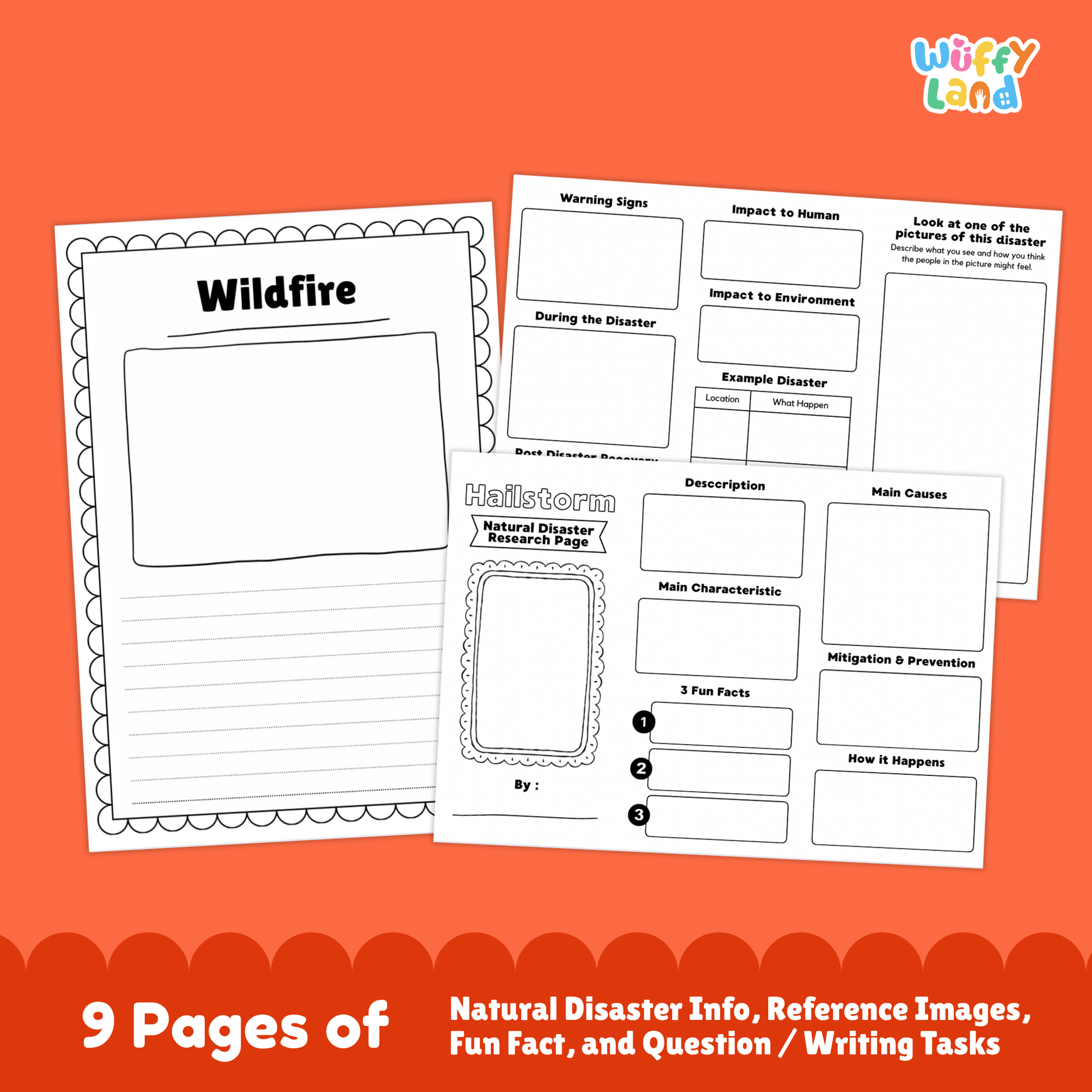 Printable wildfire research project pages featuring an illustrated cover with a forest fire photo, student worksheets, cause and effect sections, prevention tips, and example disaster pages arranged together.