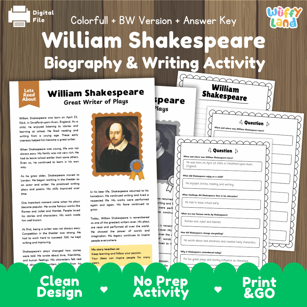 William Shakespeare biography and reading comprehension worksheets pack featuring passage, writing activity, and answer key